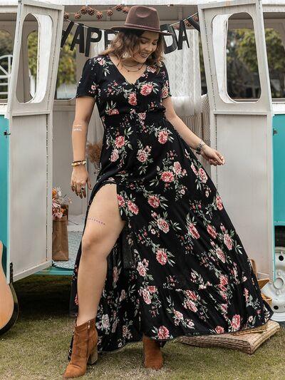 Plus Size Button Detail Printed V-Neck Short Sleeve Maxi Dress - Clothes For Her Online Store