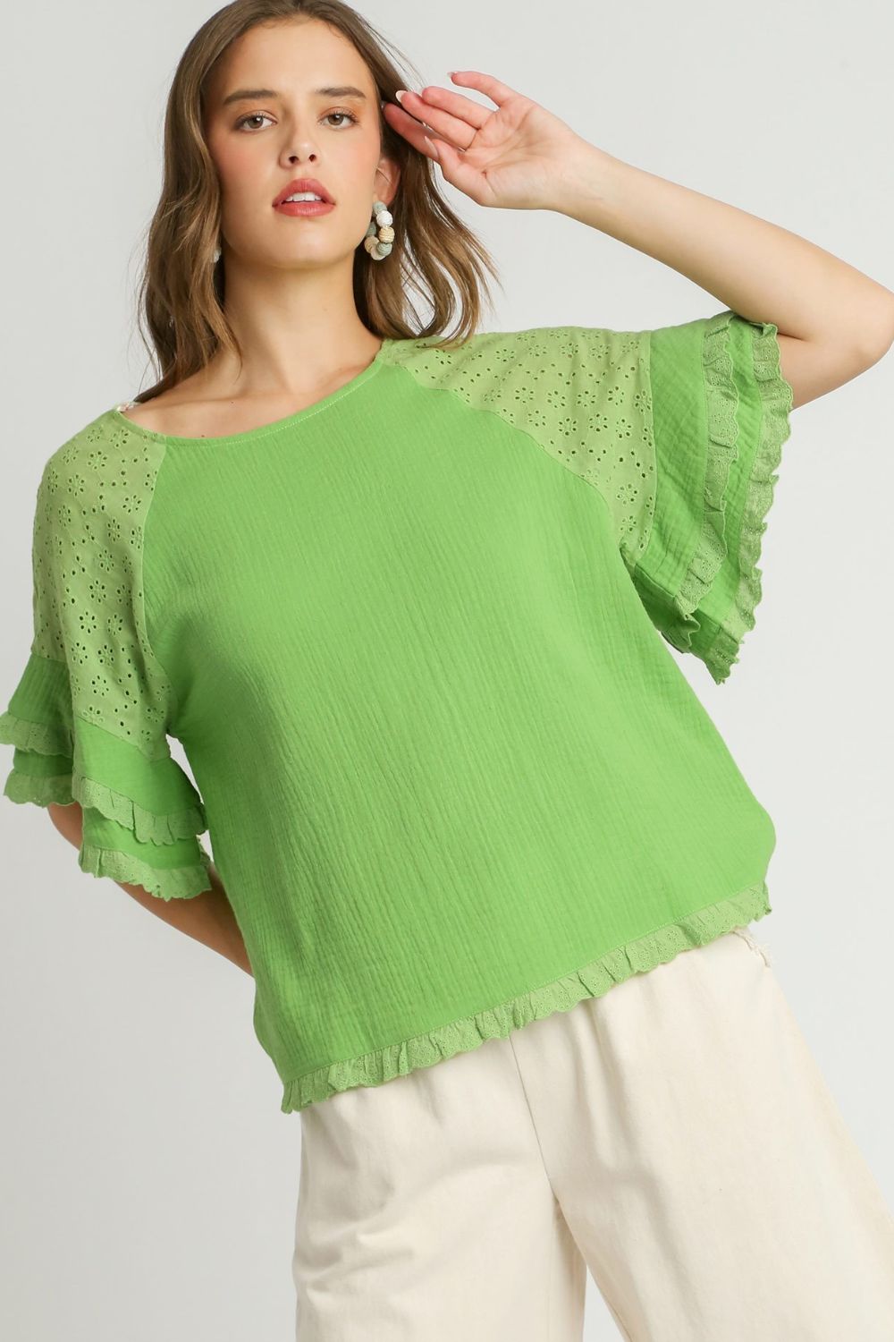 Umgee Full Size Cotton Gauze Round Neck Ruffle Eyelet Layered Sleeve Blouse Plus Size - Clothes For Her Online Store