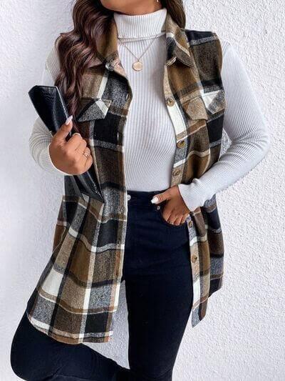 Honey Plus Size Pocketed Plaid Button Up Vest Coat - Clothes For Her Online Store