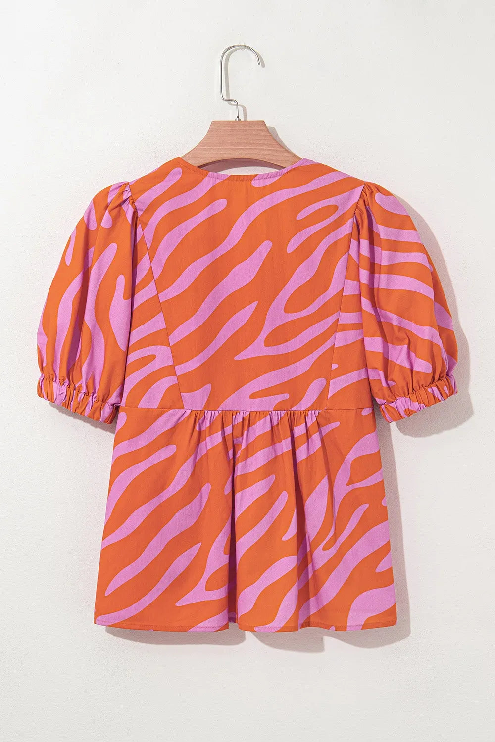 Zebra Stripe Print Ruched Cuff Half Sleeve V Neck Blouse