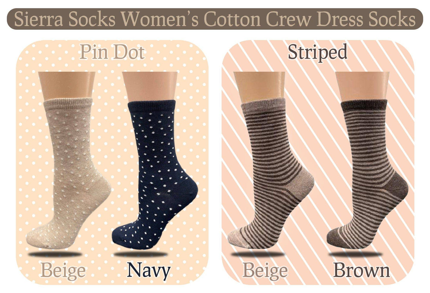 Cotton Crew Pen Striped or Pen Dot Dress Socks for Women, Dressy