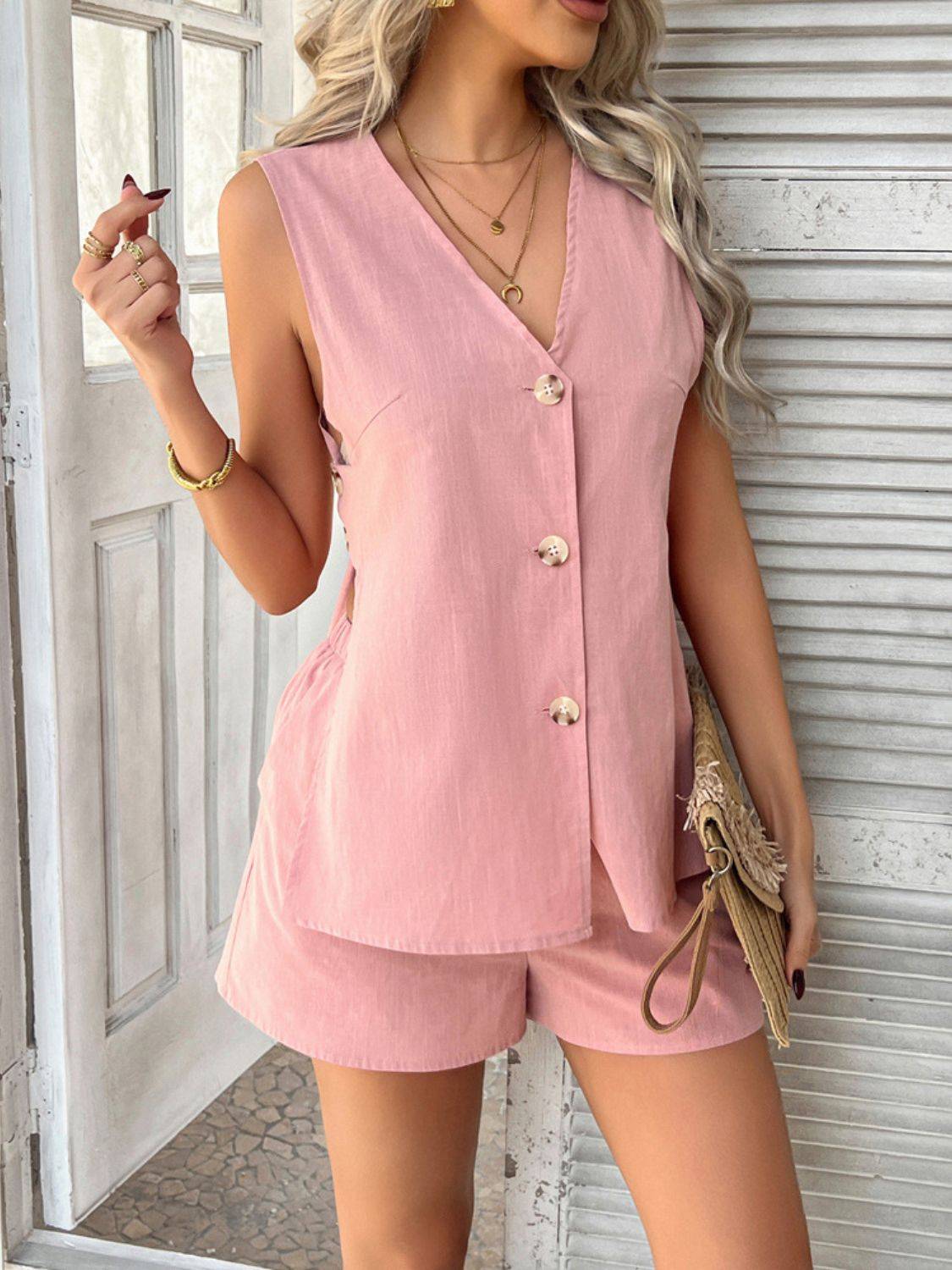 Devine Button Down V-Neck Tank and Shorts Set