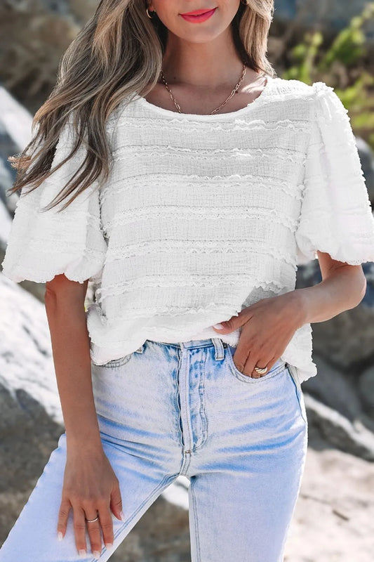 Frilled Lace Trim Bubble Sleeve Blouse