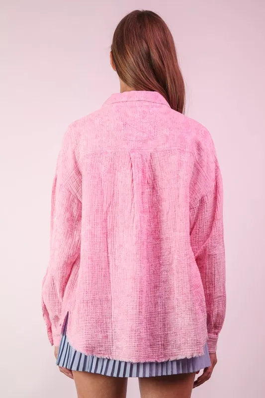 VERY J Full Size Mineral Washed Gauze Shirt Top Plus Size