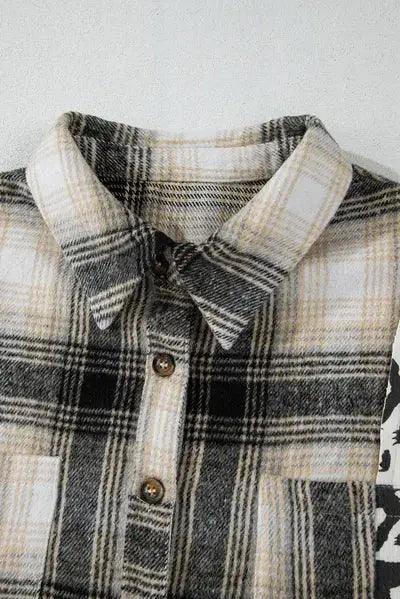 Plus Size Leopard Plaid Button Up Long Sleeve Shacket - Clothes For Her Online Store