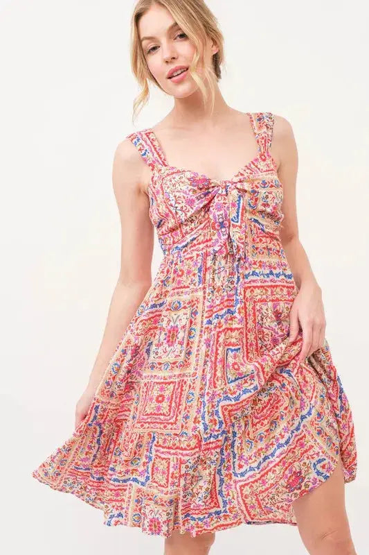 And The Why Tied Front Smocked Back Tiered Boho Printed Dress - Clothes For Her Online Store