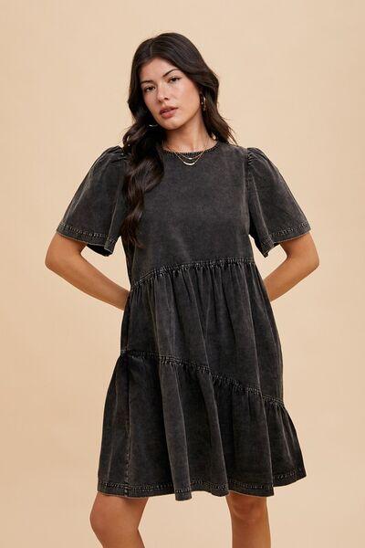 Annie Wear Mineral Washed Round Neck Short Sleeve Denim Dress - Clothes For Her Online Store