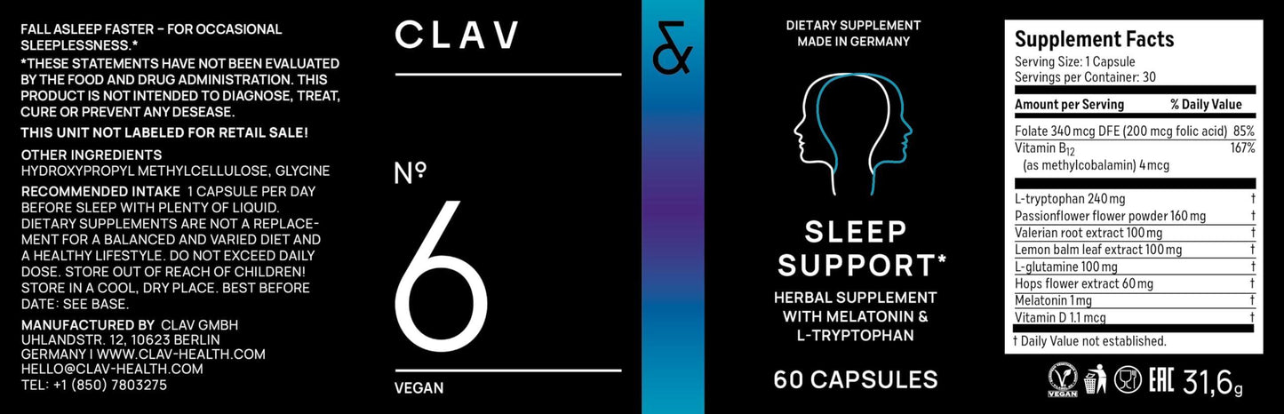 N°6 Natural Sleep Support with Melatonin 1 mg & L Tryptophan   Passionflower