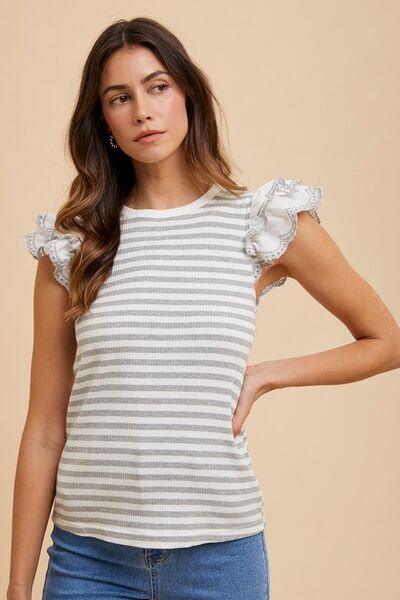 Annie Wear Ruffled Striped Round Neck Cap Sleeve Knit Top