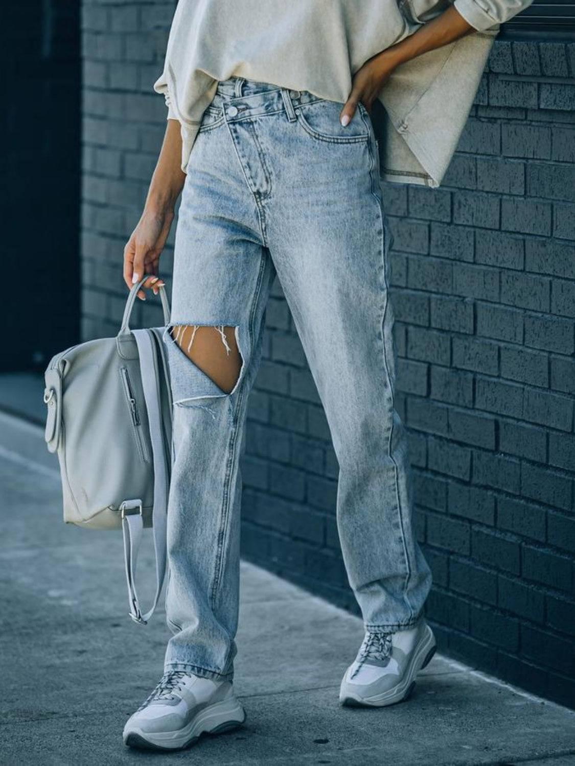 Distressed Asymmetric Waist Jeans - Clothes For Her Online Store