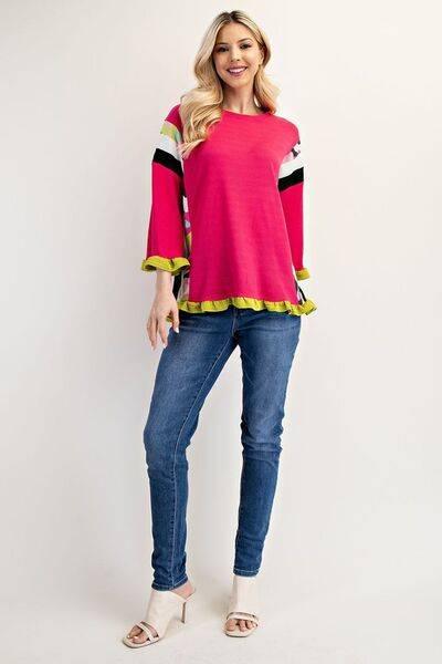 Celeste Full Size Ruffle Sleeve Color Block Top Plus Size