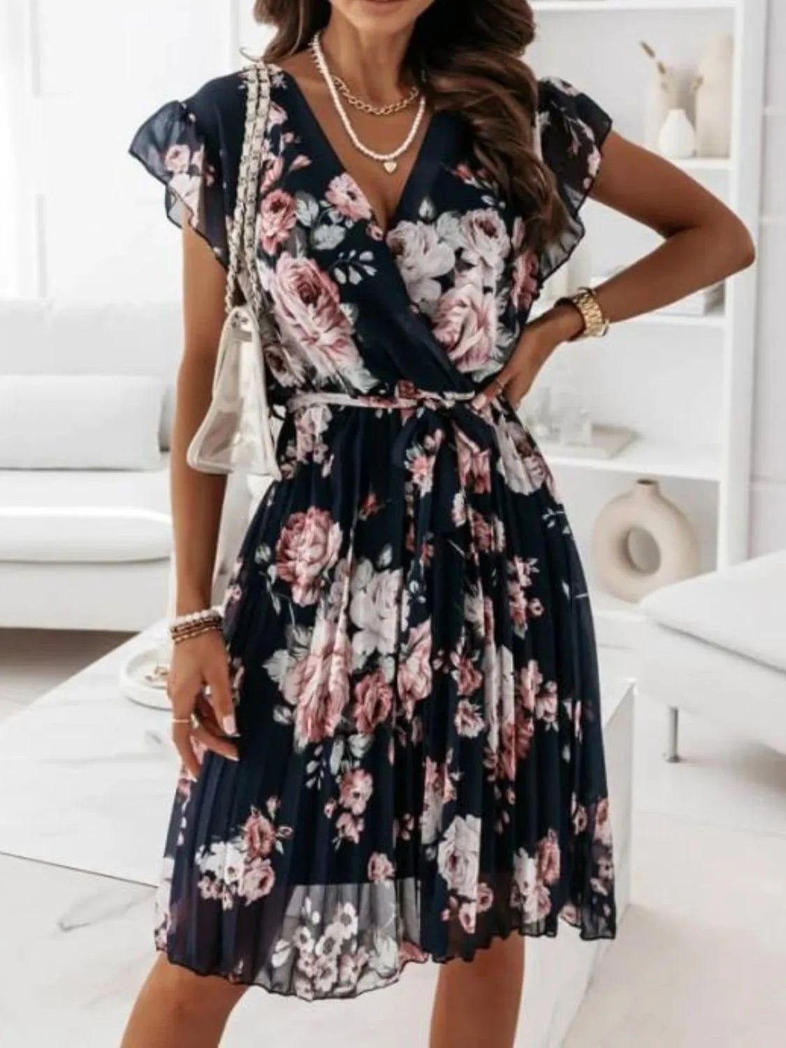 Floral Surplice Ruffled Cap Sleeve Dress