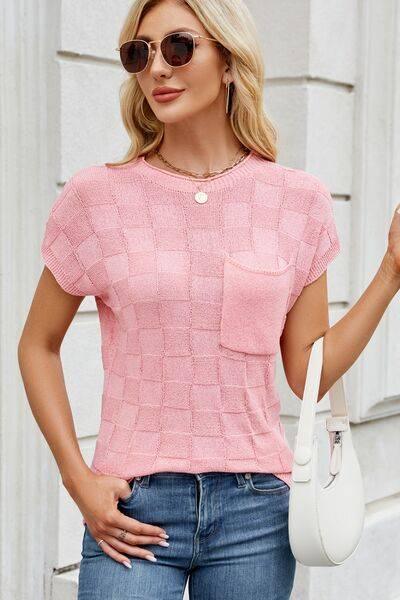 Checkered Round Neck Short Sleeve Knit Top