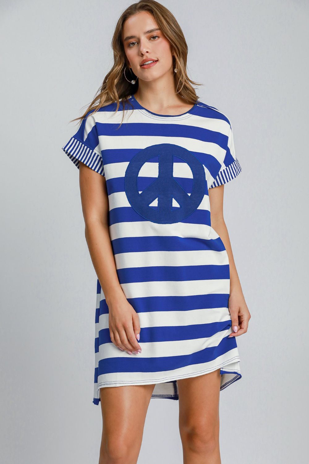 Umgee Peace Applique Striped Short Sleeve Mini Dress - Clothes For Her Online Store