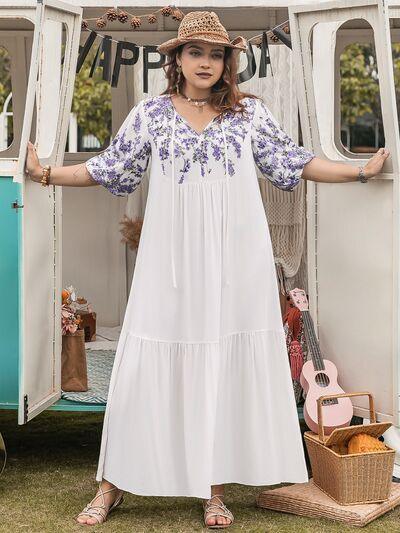 Plus Size Printed Tie Neck Half Sleeve Maxi Dress