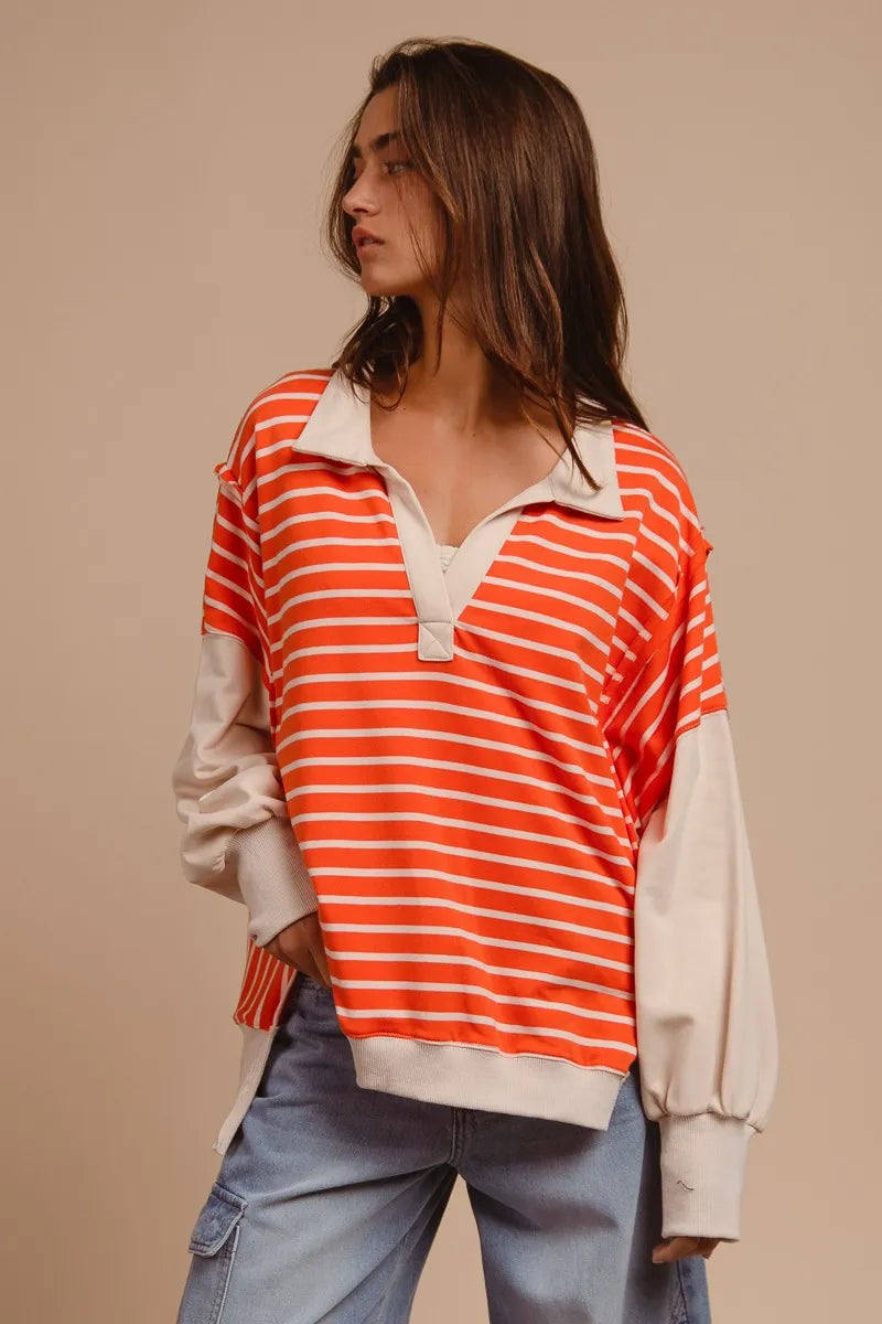 BiBi Stripe Knit Loose Fit Top With Cut Edge Detail