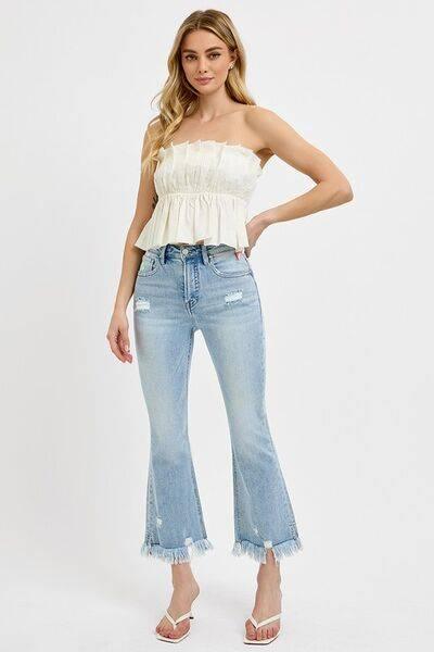 RISEN Full Size Raw Hem Distressed Cropped Flare Jeans Plus Size - Clothes For Her Online Store