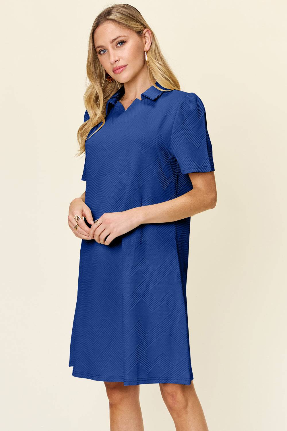 Double Take Full Size Texture Collared Neck Short Sleeve Dress - Clothes For Her Online Store