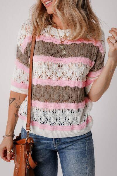 Color Block Openwork Half Sleeve Sweater