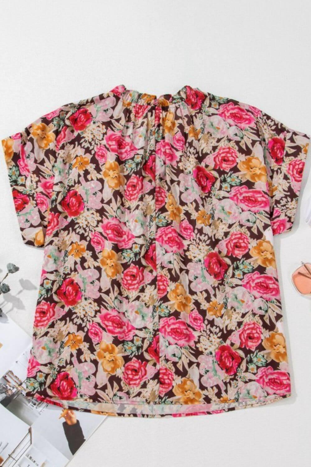 Floral Tie Neck Short Sleeve Blouse