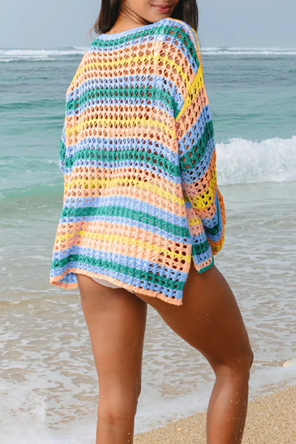 Openwork Round Neck Long Sleeve Knit Cover Up