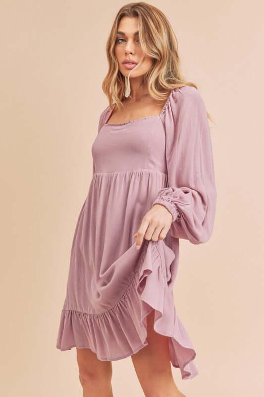 Aemi + Co Ruffled Hem Square Neck Balloon Sleeve Mini Dress