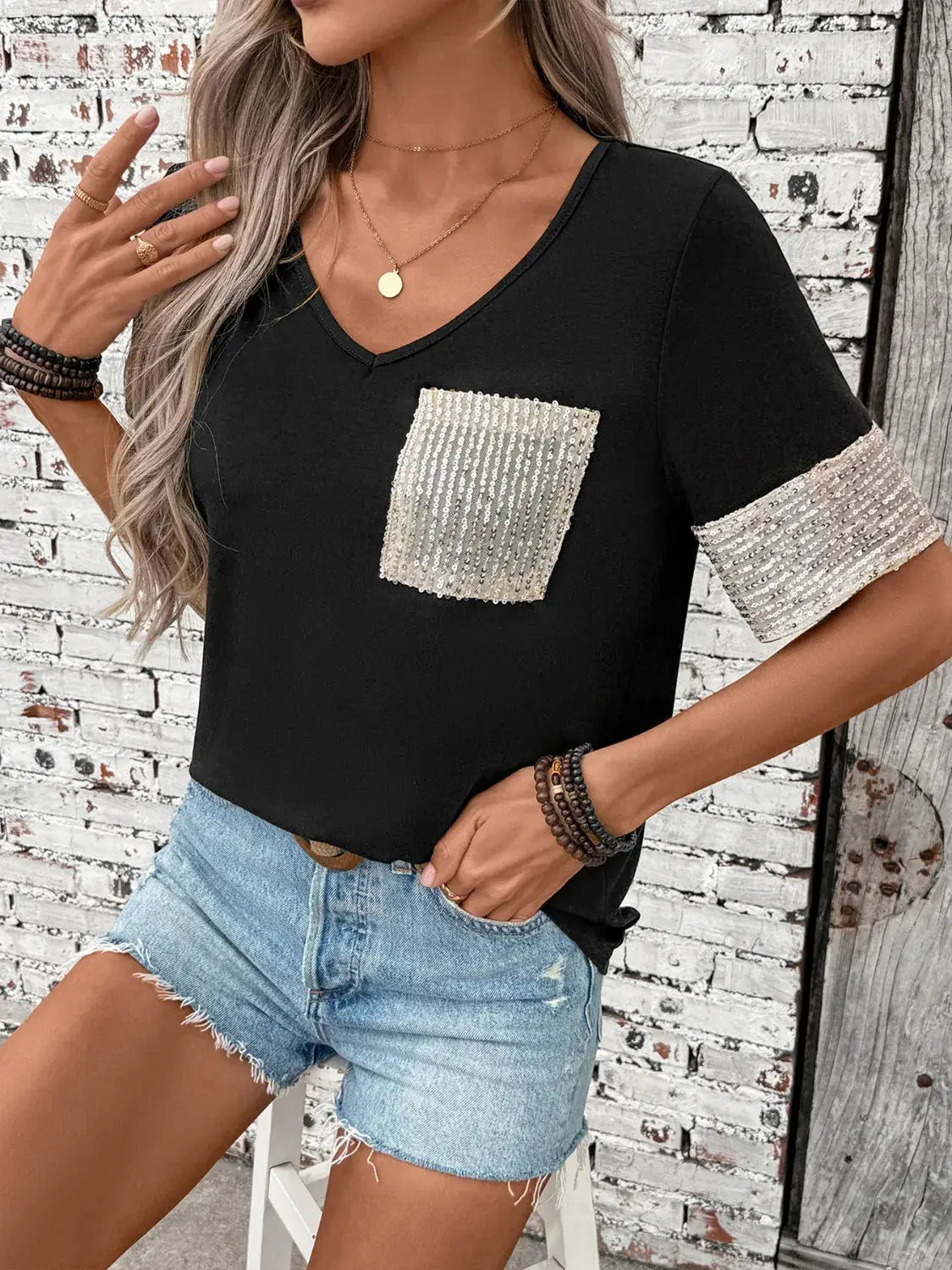 Sequin V-Neck Short Sleeve T-Shirt - Clothes For Her Online Store