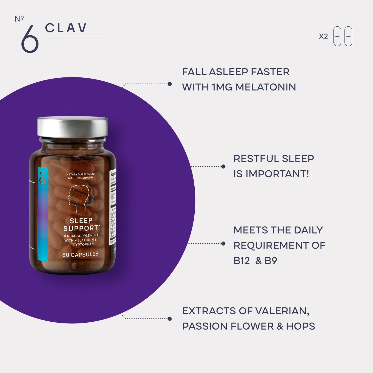 N°6 Natural Sleep Support with Melatonin 1 mg & L Tryptophan   Passionflower