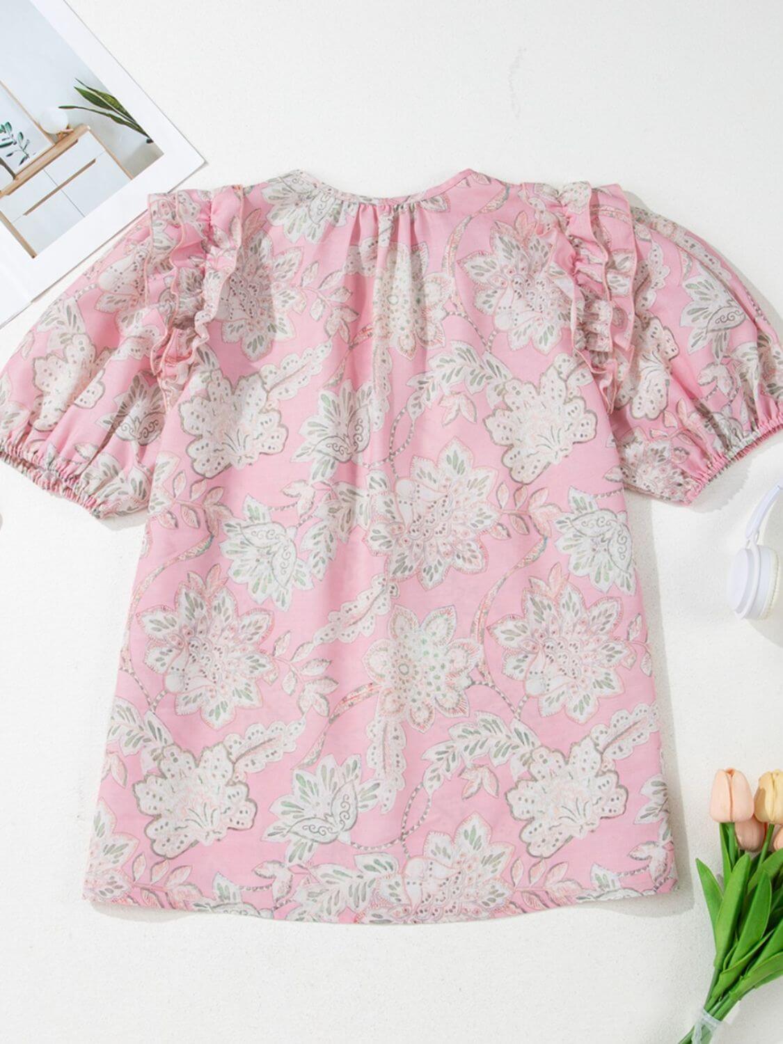 Floral Tie Neck Puff Sleeve Blouse