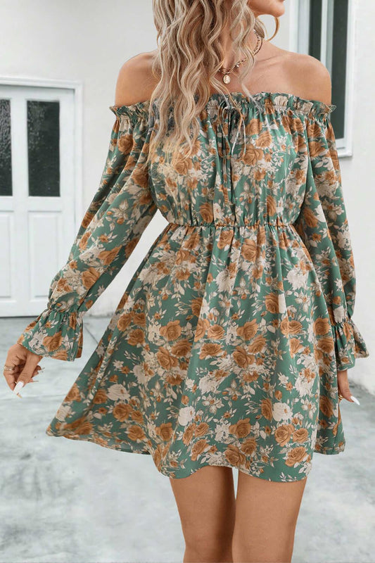 Floral Off-Shoulder Flounce Sleeve Dress - Clothes For Her Online Store