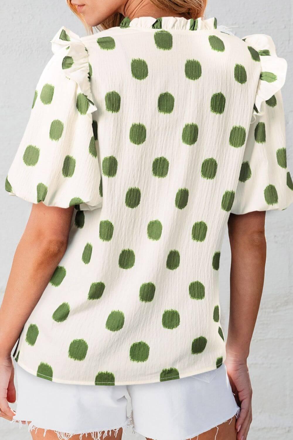 Polka Dot Shirred Yoke Notched Neck Puff Sleeve Blouse