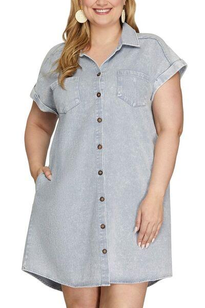 She + Sky Full Size Folded Cuff Button Down Washed Twill Shirt Dress Plus Size