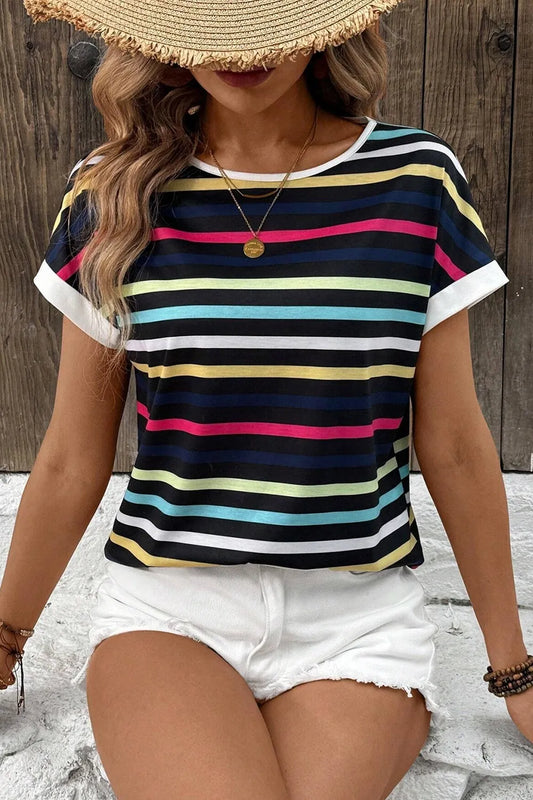 Colorful Striped Short Sleeve Casual T-Shirt
