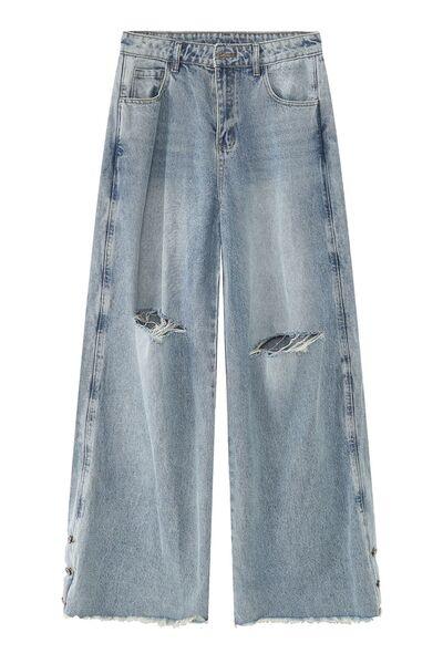 Distressed Raw Hem Wide Leg Men's Jeans