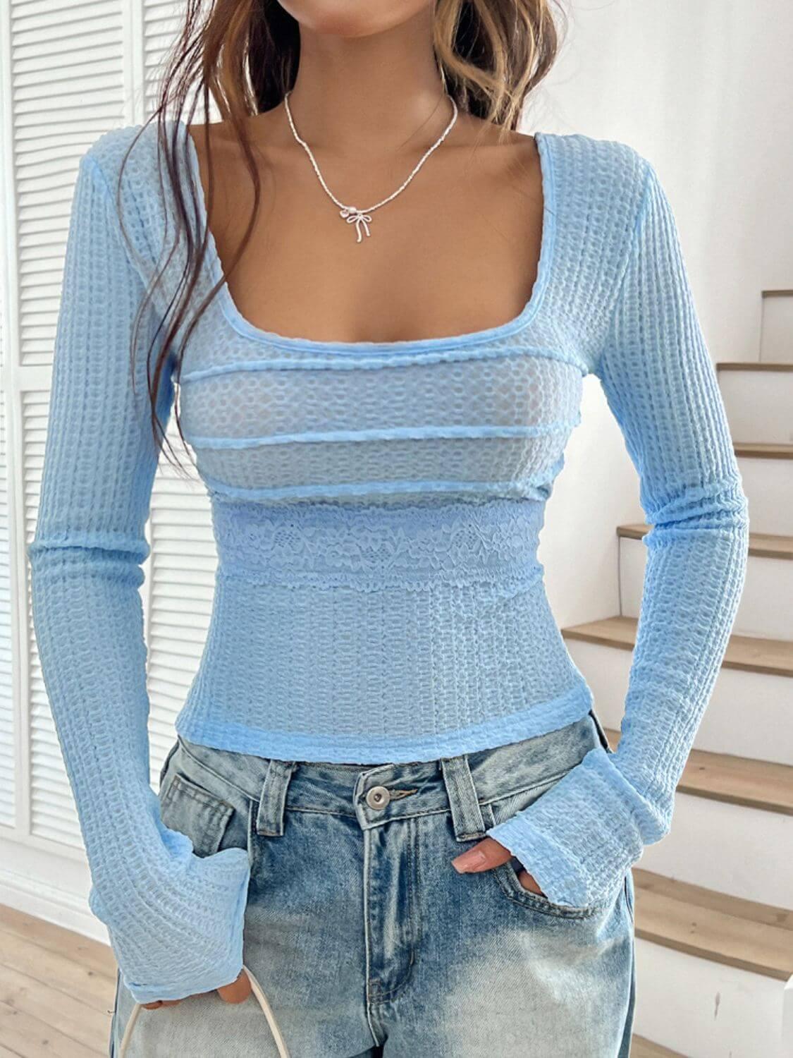 Devine Back Tie Square Neck Long Sleeve Top