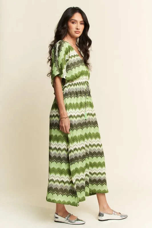 Davi & Dani Multi Color Wavy Tie Waist Flowy Sleeve Dress