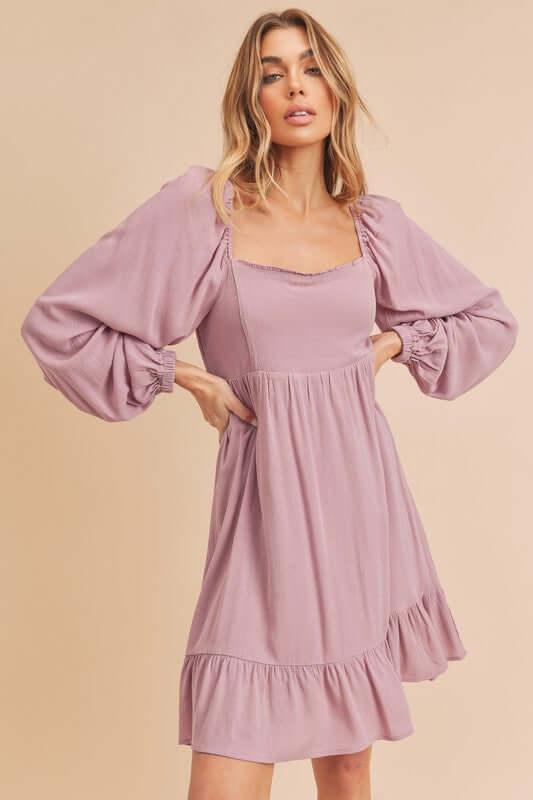 Aemi + Co Ruffled Hem Square Neck Balloon Sleeve Mini Dress