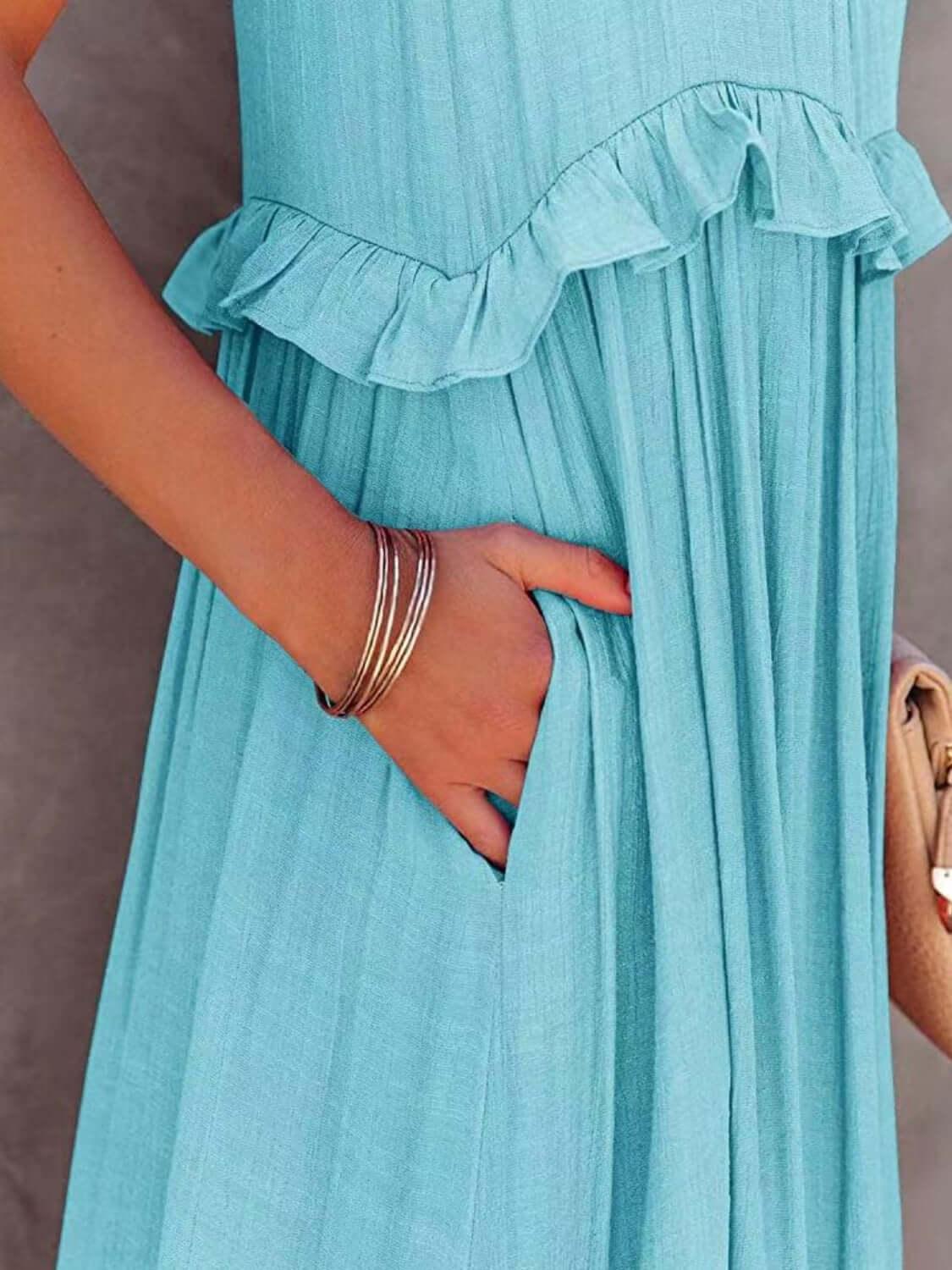 Ruffled Sleeveless Tiered Maxi Dress with Pockets