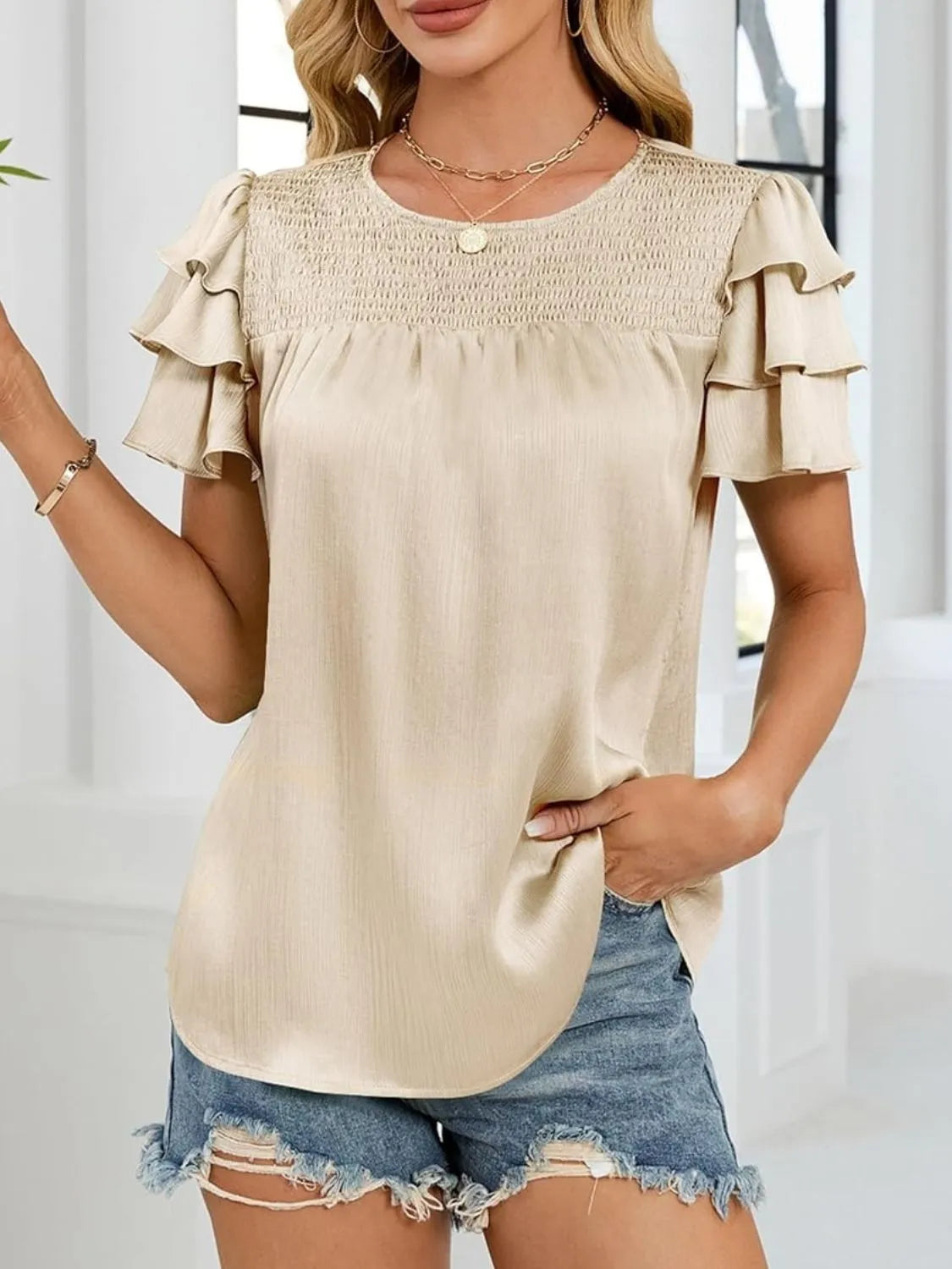 Smocked Round Neck Ruffled Layered Sleeve Blouse