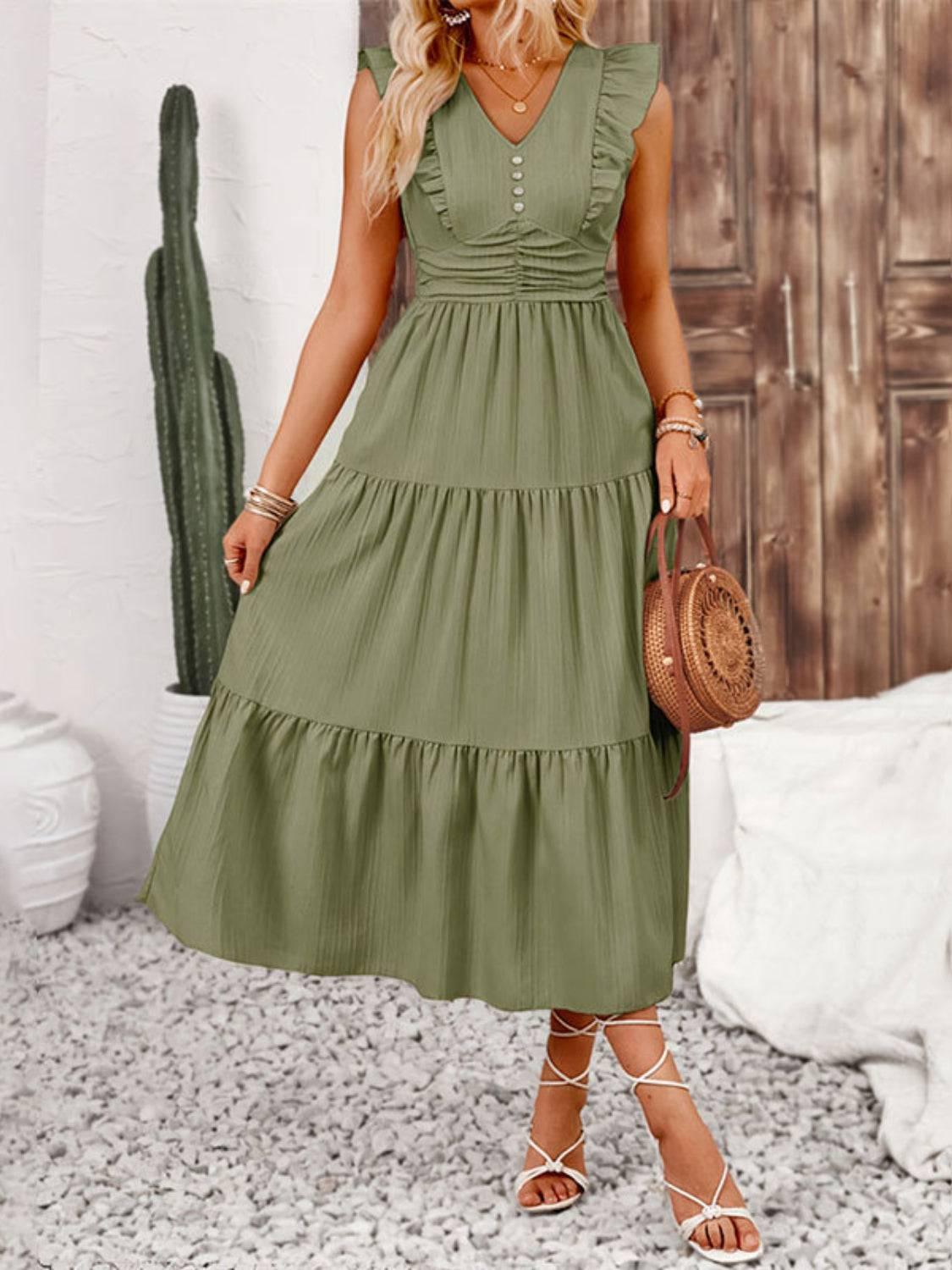 Decor Button Ruffled Tiered Midi Dress - Clothes For Her Online Store