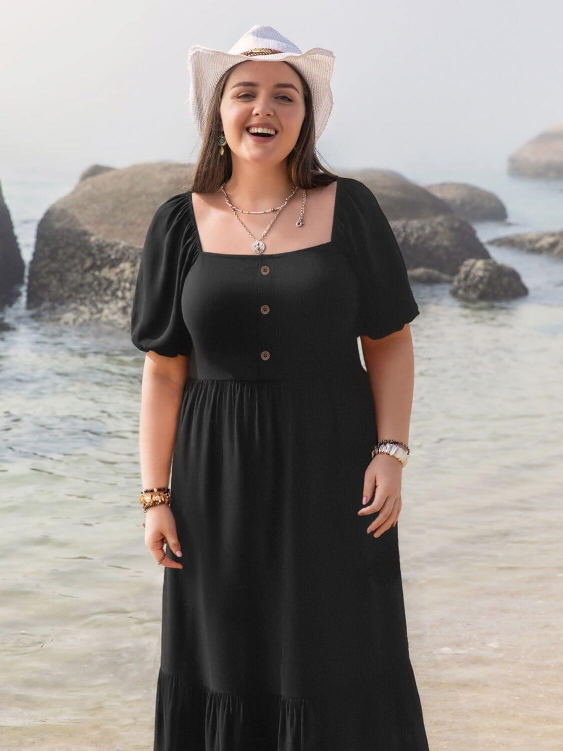 Plus Size Ruffled Hem Square Neck Short Sleeve Dress - Clothes For Her Online Store