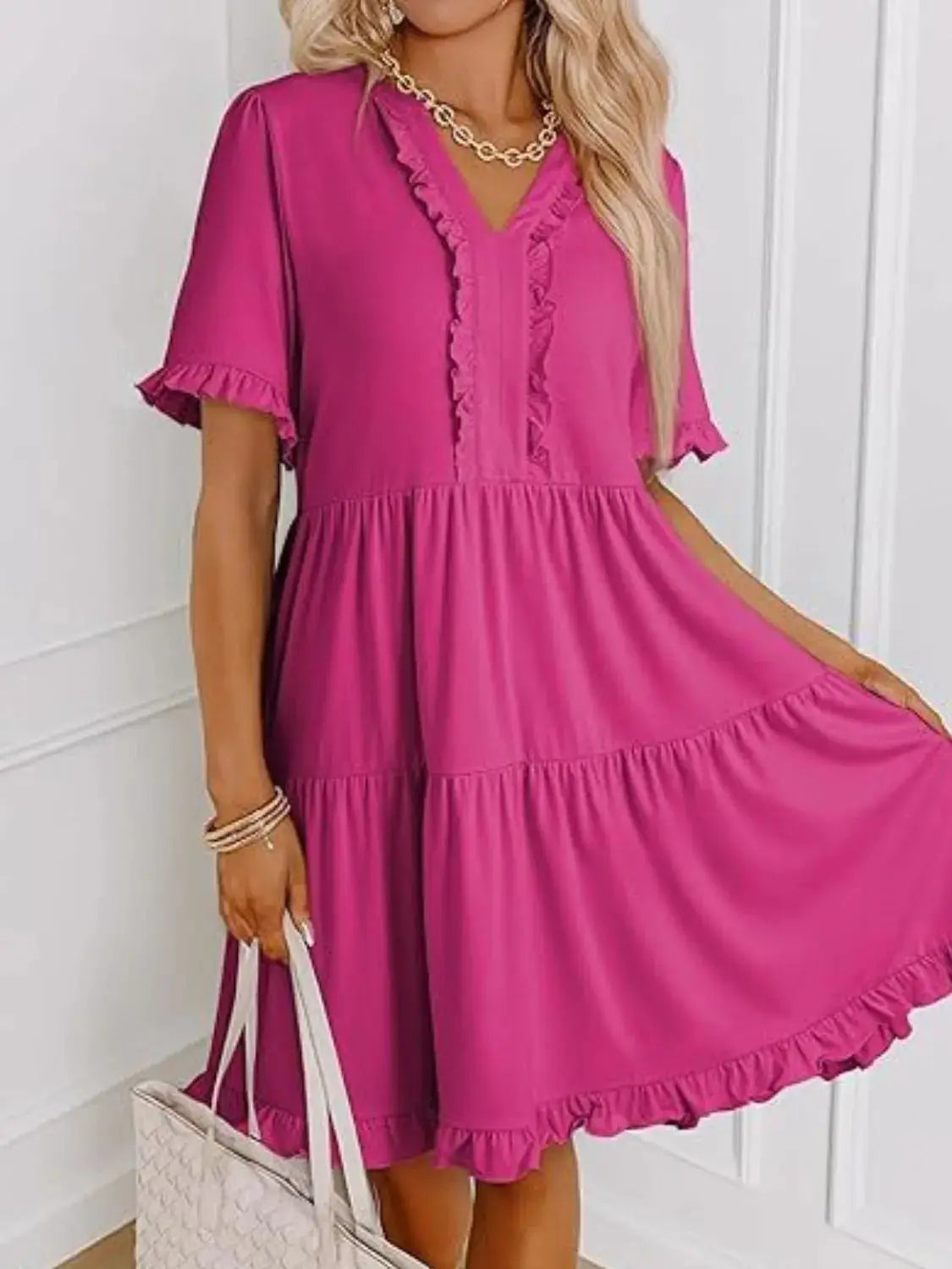 Tiered Notched Short Sleeve Mini Dress - Clothes For Her Online Store