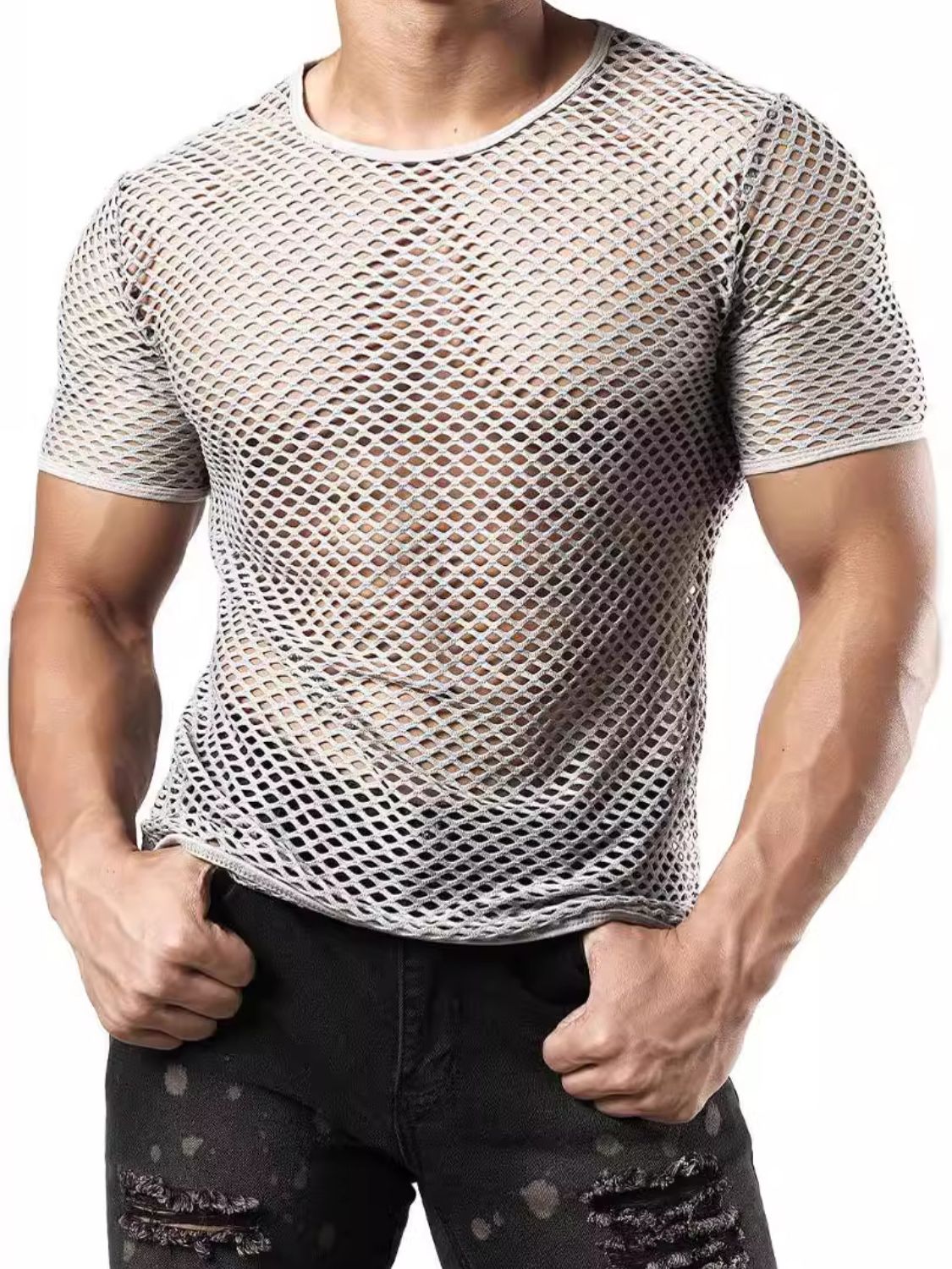 Men's Hollow Out Round Neck Short Sleeve Top - Clothes For Her Online Store