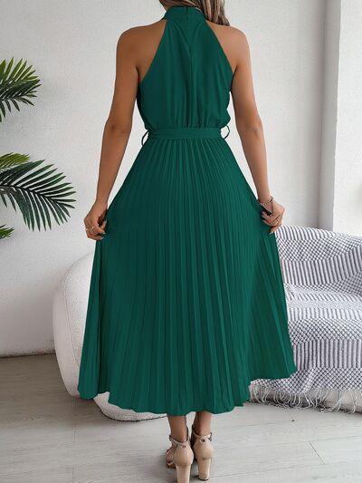 Grecian Neck Tie Waist Pleated Dress