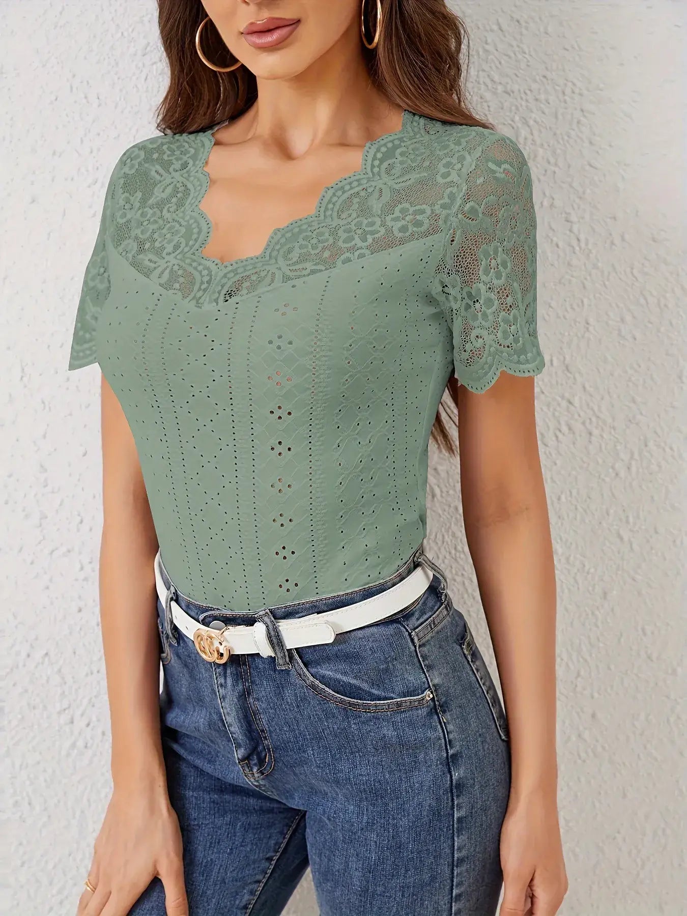 Lace Trim Eyelet Embroidered Summer T-Shirt