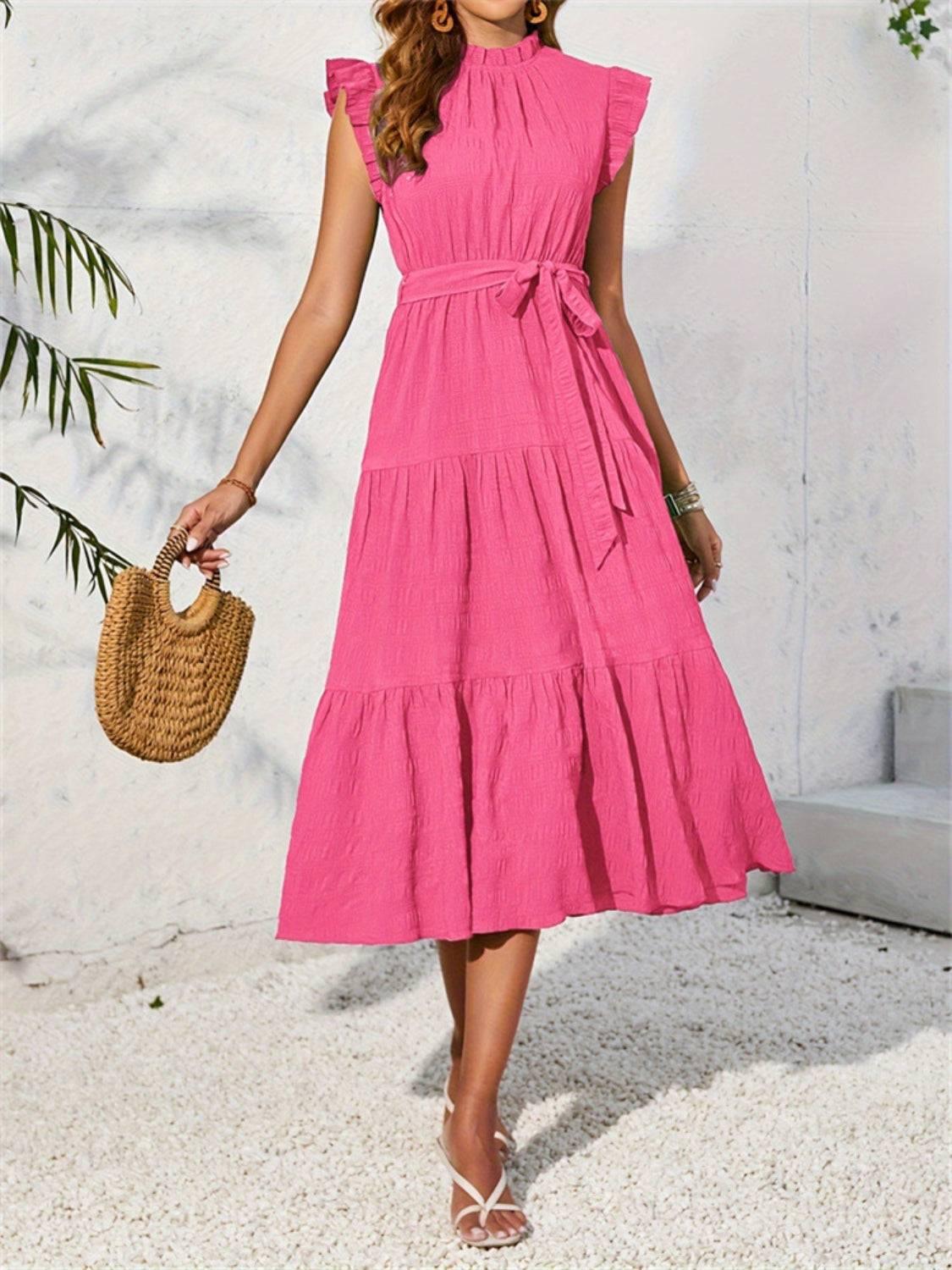 Frill Mock Neck Ruffled Cap Sleeve Midi Dress