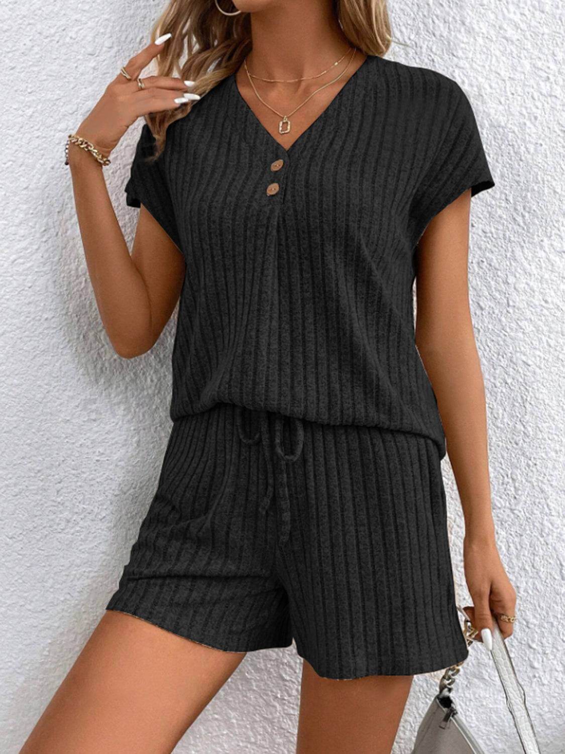 Ribbed V-Neck Top and Shorts Set - Clothes For Her Online Store
