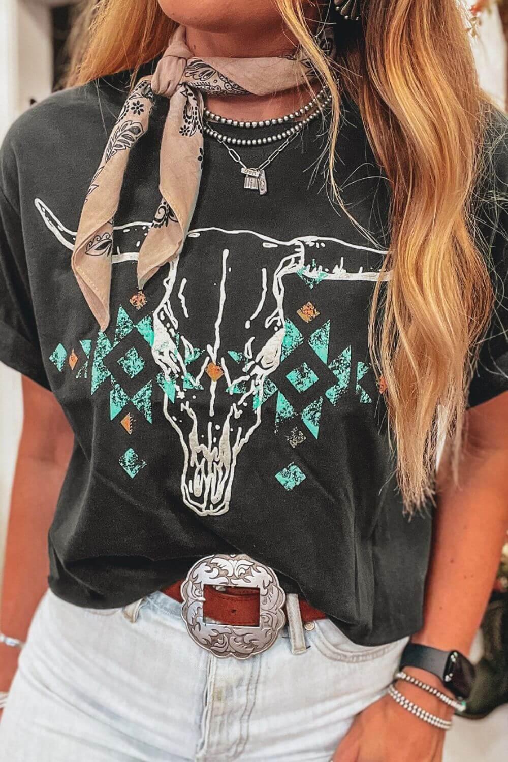 Bull Head Skull Round Neck Short Sleeve T Shirt