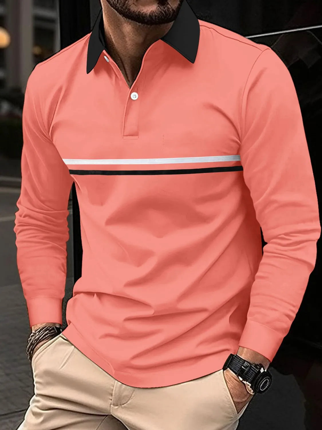 Men's Full Size Collared Neck Long Sleeve Polo Plus Size