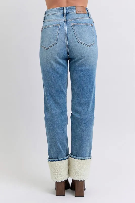 Judy Blue Full Size High Waist Shearling Cuff Straight Plus Size